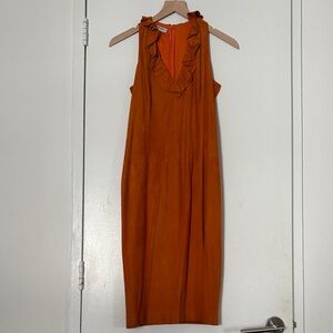 Ruffled V-Neck Sleeveless Midi Dress in Burnt Orange